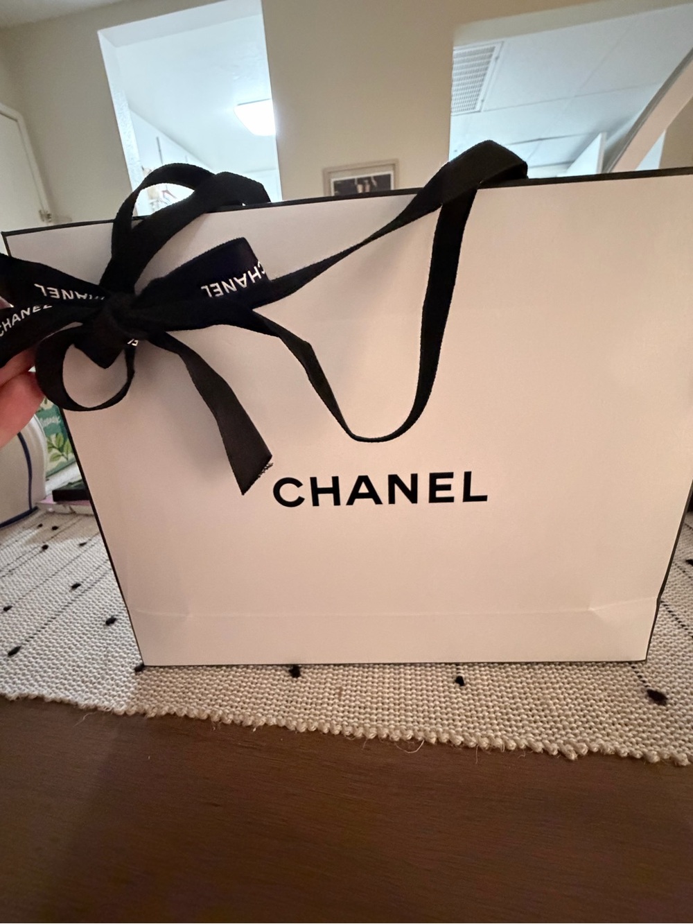CHANEL White and Black Small Jewelry Gift Bag with Black Ribbon
